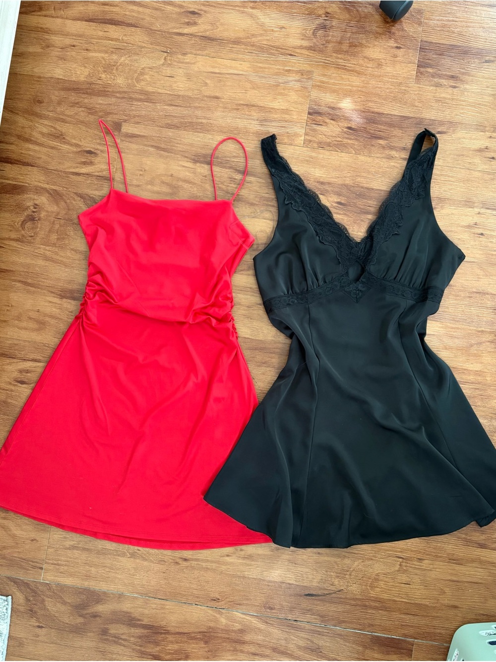 Red Spaghetti-Strap Slip Dress | black satin going out dress. Set of 2